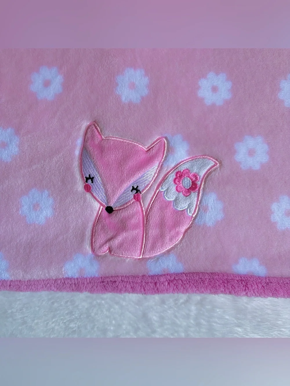 Girls Pink & White Plush Baby Blanket - Floral Print Fox Infant Blanket 30”x40”